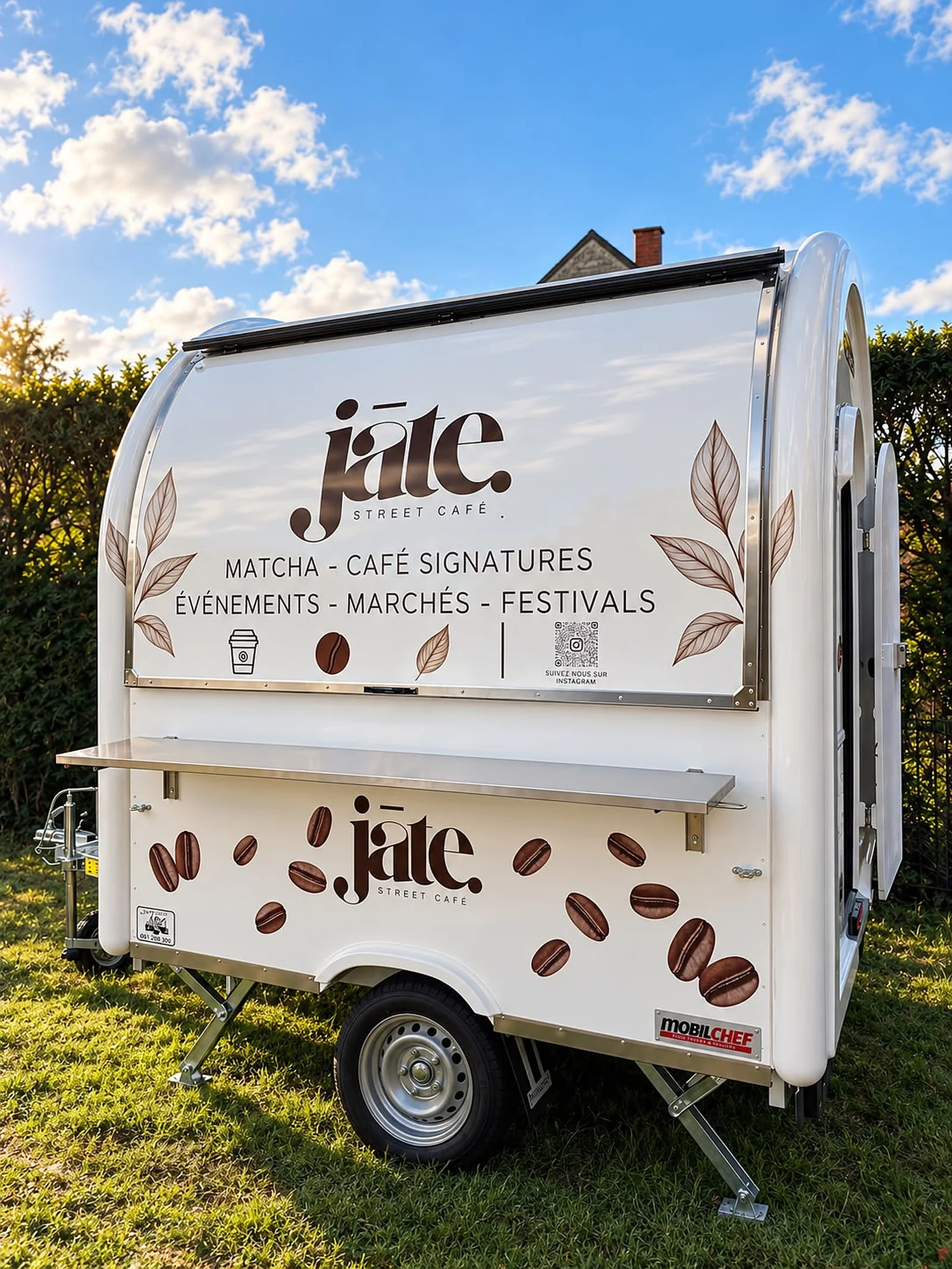 Le truck jāte : une remorque blanche aux lignes arrondies, décorée de feuilles et de grains de café, avec son comptoir en inox